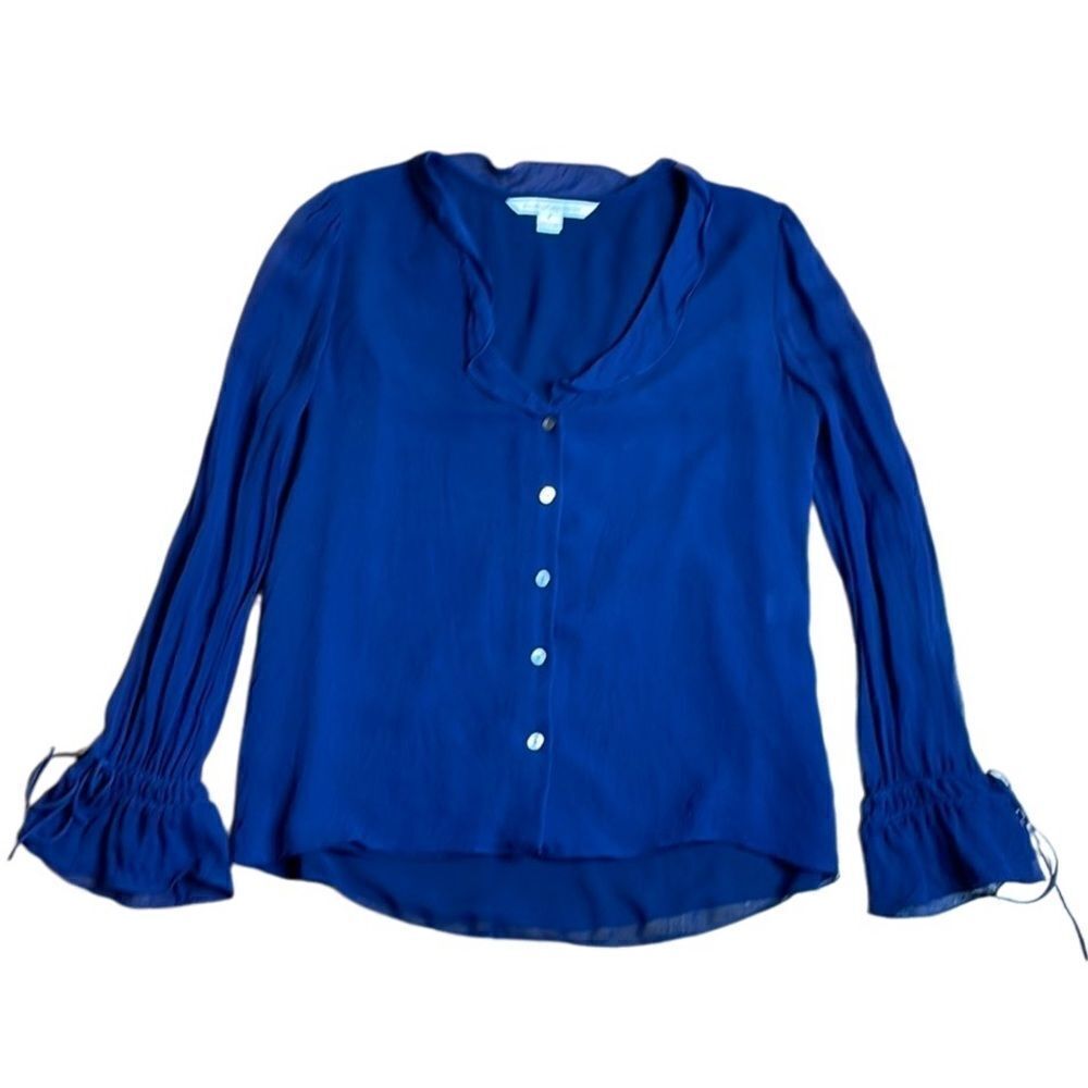 Diane Von Furstenburg Blue Sheer Silk Button Down Blouse size 8